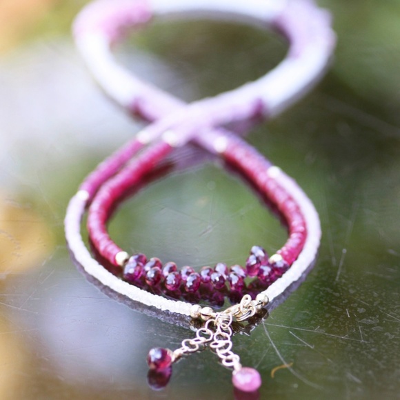 Rubellite Rhodolite Sapphire Necklace Bracelet, 14k Gold Gemstone Wrap 36.3"–37" - Picture 1 of 12